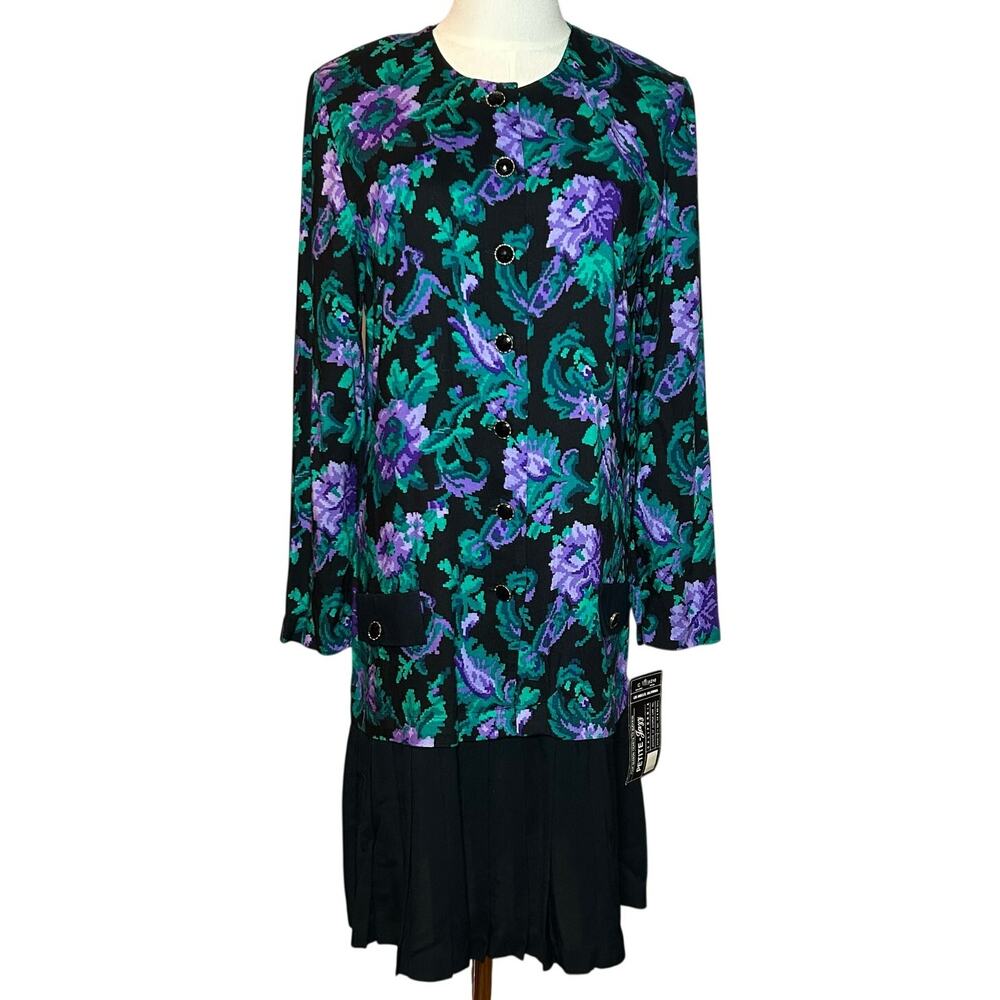 NWT Vtg 90s Petite Jazz Rayon Digital Pixel Floral Drop Waist Pleated Dress 10